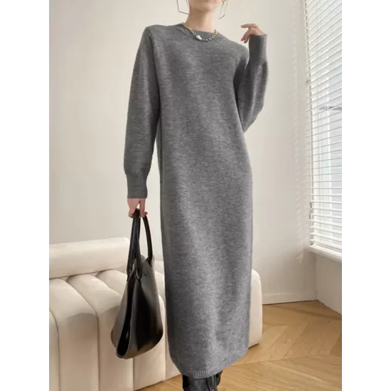 Urban Loose Long Sleeves Solid Color Round-Neck Sweater Dresses