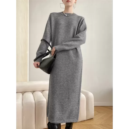 Urban Loose Long Sleeves Solid Color Round-Neck Sweater Dresses