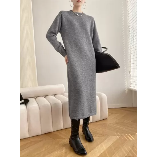 Urban Loose Long Sleeves Solid Color Round-Neck Sweater Dresses