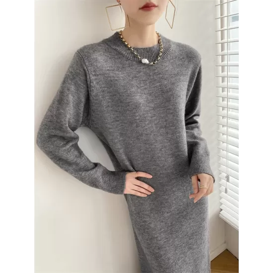 Urban Loose Long Sleeves Solid Color Round-Neck Sweater Dresses