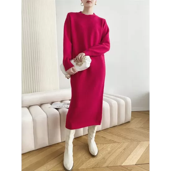 Urban Loose Long Sleeves Solid Color Round-Neck Sweater Dresses