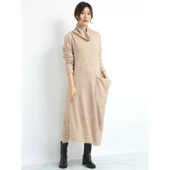 Casual Long Sleeves Loose Keep Warm Solid Color Heaps Collar Sweater Dresses