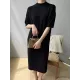 Solid Color Split-Joint Loose Short Sleeves Round-neck Sweater Dresses Midi Dresses