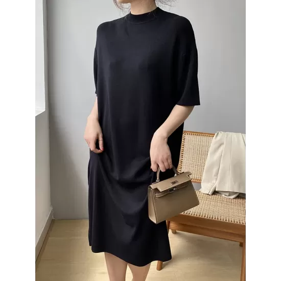 Solid Color Split-Joint Loose Short Sleeves Round-neck Sweater Dresses Midi Dresses