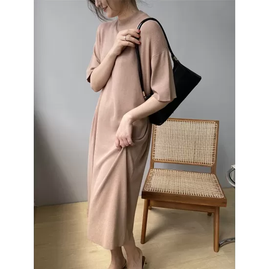 Solid Color Split-Joint Loose Short Sleeves Round-neck Sweater Dresses Midi Dresses