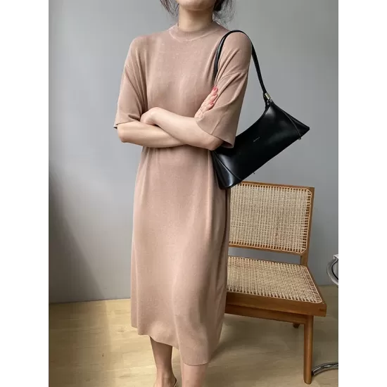 Solid Color Split-Joint Loose Short Sleeves Round-neck Sweater Dresses Midi Dresses