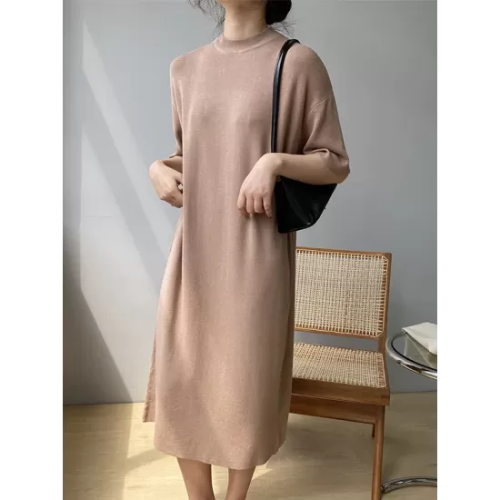 Solid Color Split-Joint Loose Short Sleeves Round-neck Sweater Dresses Midi Dresses