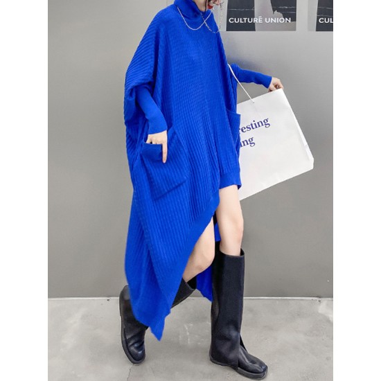 Batwing Sleeves High-Low Pockets Solid Color High-Neck Midi Dresses Sweater Dresses