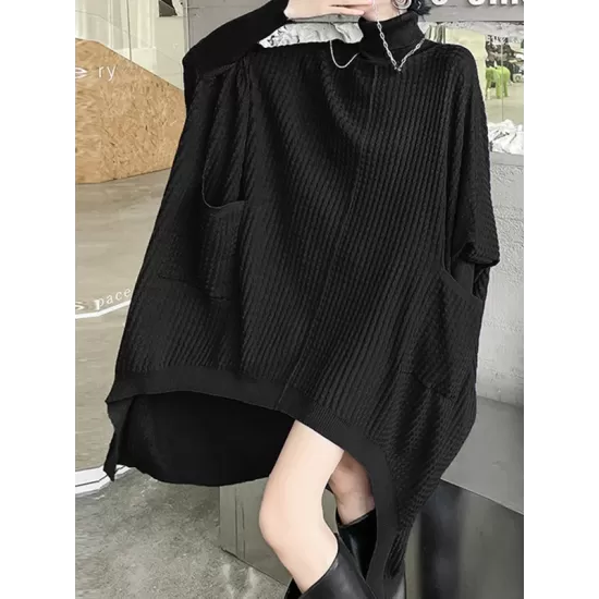 Batwing Sleeves High-Low Pockets Solid Color High-Neck Midi Dresses Sweater Dresses