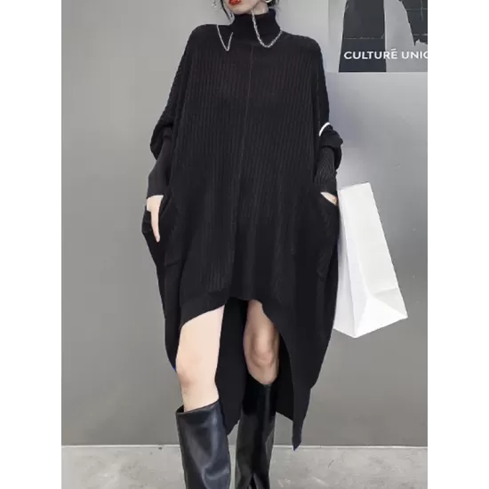 Batwing Sleeves High-Low Pockets Solid Color High-Neck Midi Dresses Sweater Dresses