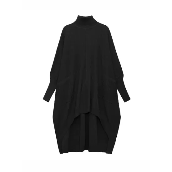 Batwing Sleeves High-Low Pockets Solid Color High-Neck Midi Dresses Sweater Dresses