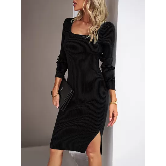 Solid Color Split-Side Long Sleeves Skinny Square-Neck Sweater Dresses