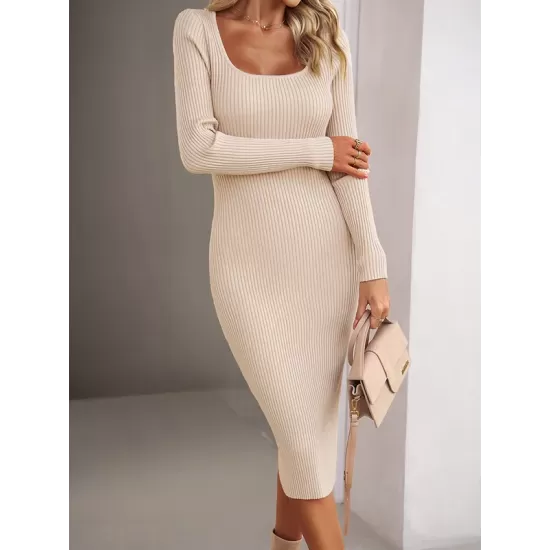 Solid Color Split-Side Long Sleeves Skinny Square-Neck Sweater Dresses