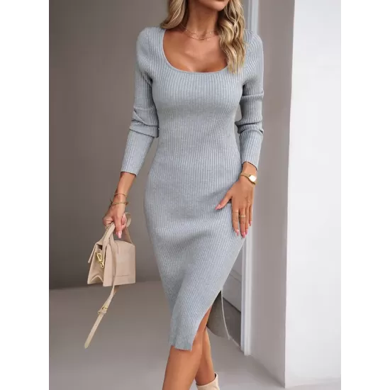 Solid Color Split-Side Long Sleeves Skinny Square-Neck Sweater Dresses