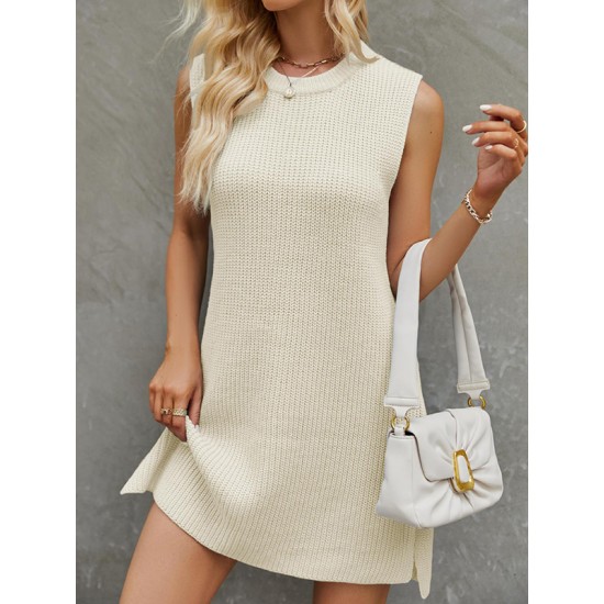 Solid Color Split-Joint Tied Waist Loose Sleeveless Round-Neck Sweater Dresses Mini Dresses