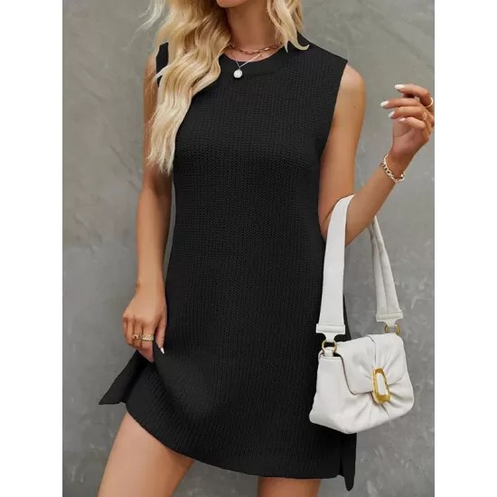 Solid Color Split-Joint Tied Waist Loose Sleeveless Round-Neck Sweater Dresses Mini Dresses