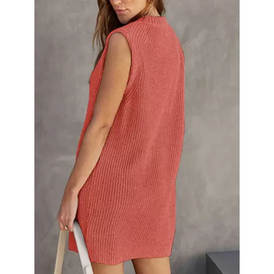 Solid Color Split-Joint Tied Waist Loose Sleeveless Round-Neck Sweater Dresses Mini Dresses