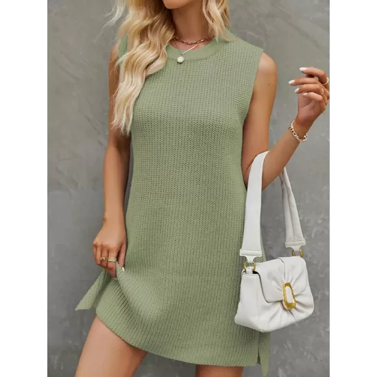 Solid Color Split-Joint Tied Waist Loose Sleeveless Round-Neck Sweater Dresses Mini Dresses