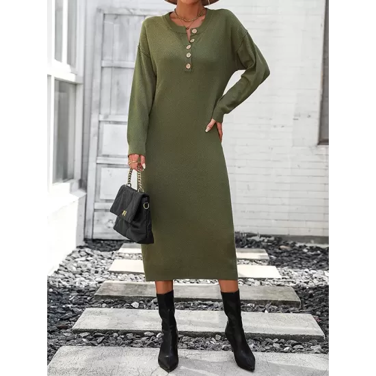 Buttoned Split-Joint Long Sleeves Loose Round-Neck Sweater Dresses Midi Dresses