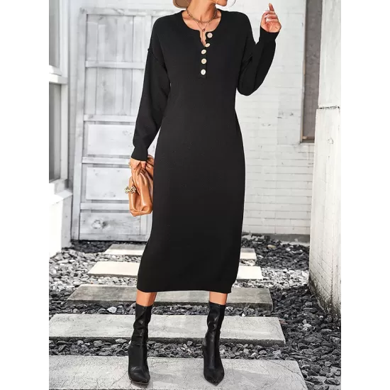 Buttoned Split-Joint Long Sleeves Loose Round-Neck Sweater Dresses Midi Dresses