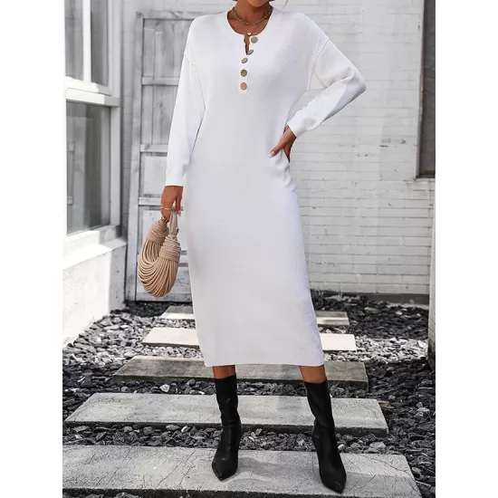 Buttoned Split-Joint Long Sleeves Loose Round-Neck Sweater Dresses Midi Dresses