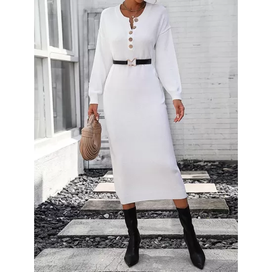 Buttoned Split-Joint Long Sleeves Loose Round-Neck Sweater Dresses Midi Dresses