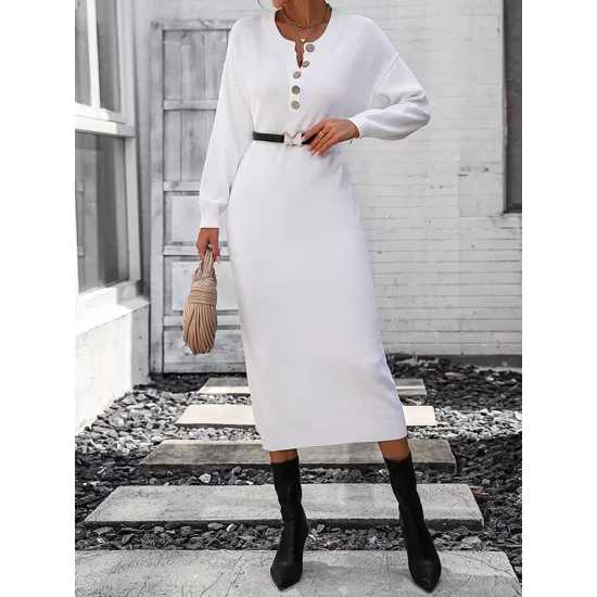 Buttoned Split-Joint Long Sleeves Loose Round-Neck Sweater Dresses Midi Dresses