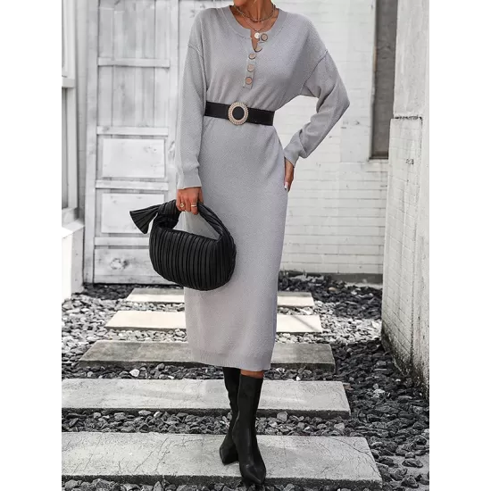 Buttoned Split-Joint Long Sleeves Loose Round-Neck Sweater Dresses Midi Dresses