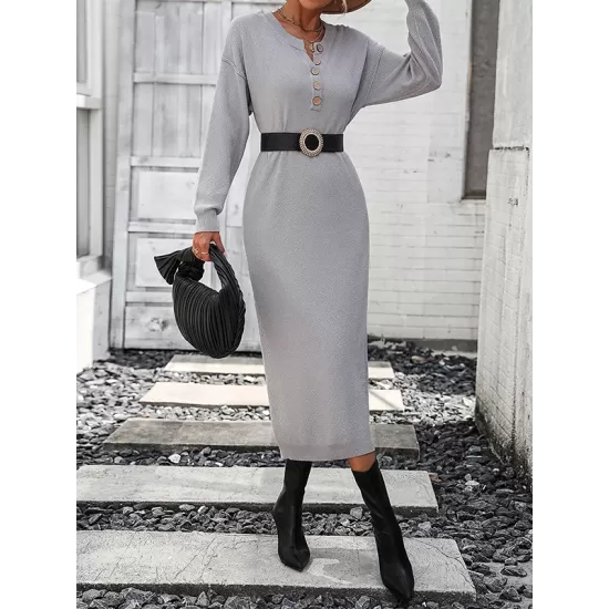 Buttoned Split-Joint Long Sleeves Loose Round-Neck Sweater Dresses Midi Dresses