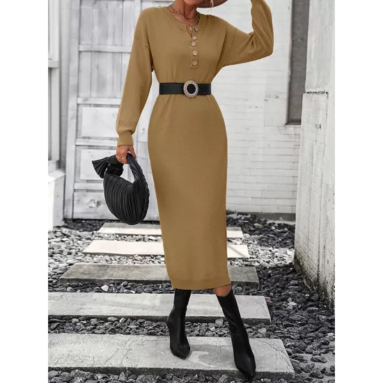 Buttoned Split-Joint Long Sleeves Loose Round-Neck Sweater Dresses Midi Dresses