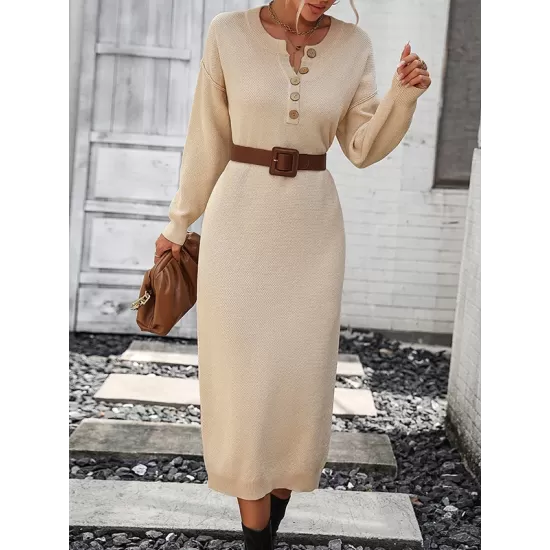 Buttoned Split-Joint Long Sleeves Loose Round-Neck Sweater Dresses Midi Dresses