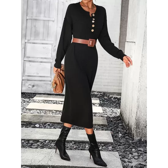 Buttoned Split-Joint Long Sleeves Loose Round-Neck Sweater Dresses Midi Dresses