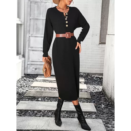 Buttoned Split-Joint Long Sleeves Loose Round-Neck Sweater Dresses Midi Dresses