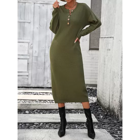 Buttoned Split-Joint Long Sleeves Loose Round-Neck Sweater Dresses Midi Dresses