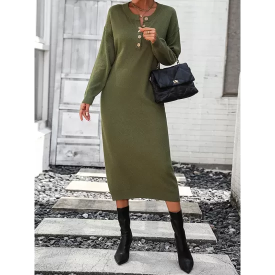 Buttoned Split-Joint Long Sleeves Loose Round-Neck Sweater Dresses Midi Dresses