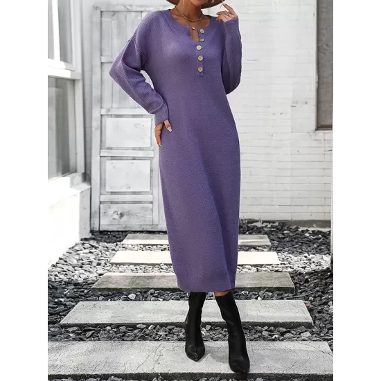 Buttoned Split-Joint Long Sleeves Loose Round-Neck Sweater Dresses Midi Dresses