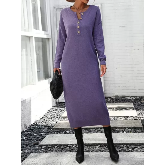 Buttoned Split-Joint Long Sleeves Loose Round-Neck Sweater Dresses Midi Dresses