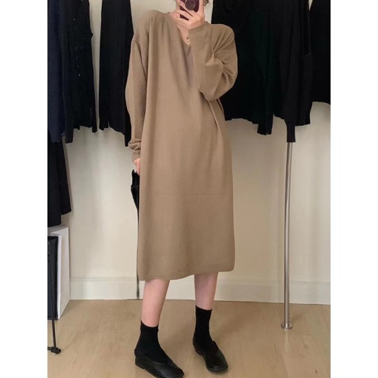 Solid Color Long Sleeves Loose V-Neck Sweater Dresses Midi Dresses