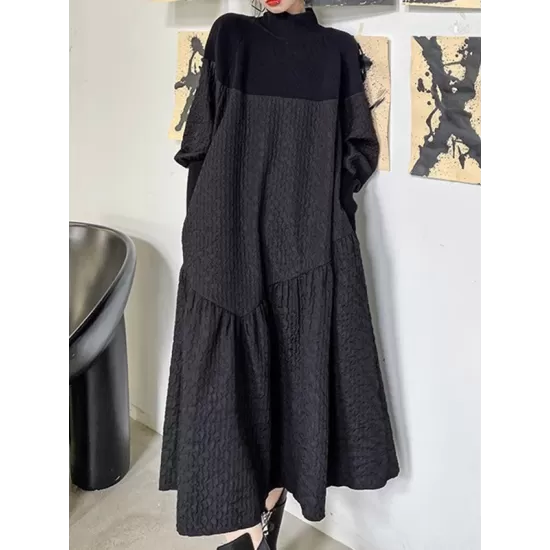 A-Line Long Sleeves Asymmetric Solid Color Split-Joint High-Neck Midi Dresses Sweater Dresses