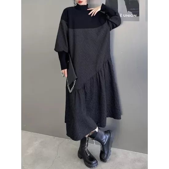 A-Line Long Sleeves Asymmetric Solid Color Split-Joint High-Neck Midi Dresses Sweater Dresses