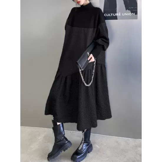 A-Line Long Sleeves Asymmetric Solid Color Split-Joint High-Neck Midi Dresses Sweater Dresses