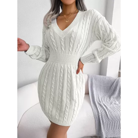 Solid Color High Waisted Long Sleeves V-Neck Sweater Dresses Mini Dresses