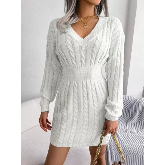 Solid Color High Waisted Long Sleeves V-Neck Sweater Dresses Mini Dresses