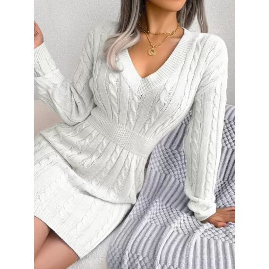 Solid Color High Waisted Long Sleeves V-Neck Sweater Dresses Mini Dresses