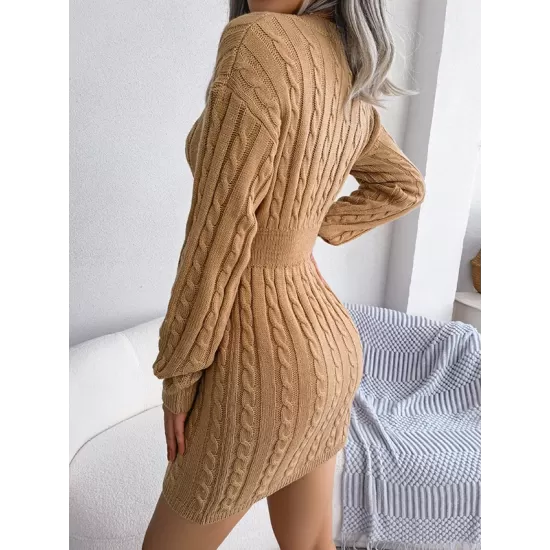 Solid Color High Waisted Long Sleeves V-Neck Sweater Dresses Mini Dresses