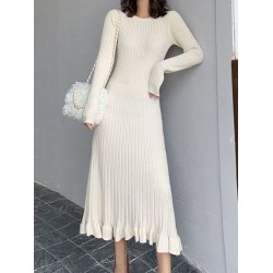 Ruffled Solid Color Long Sleeves Loose Round-Neck Sweater Dresses Midi Dresses