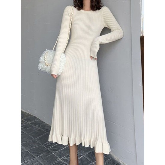 Ruffled Solid Color Long Sleeves Loose Round-Neck Sweater Dresses Midi Dresses