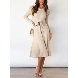 Solid Color Tied Waist High Waisted Long Sleeves Round-Neck Sweater Dresses Midi Dresses