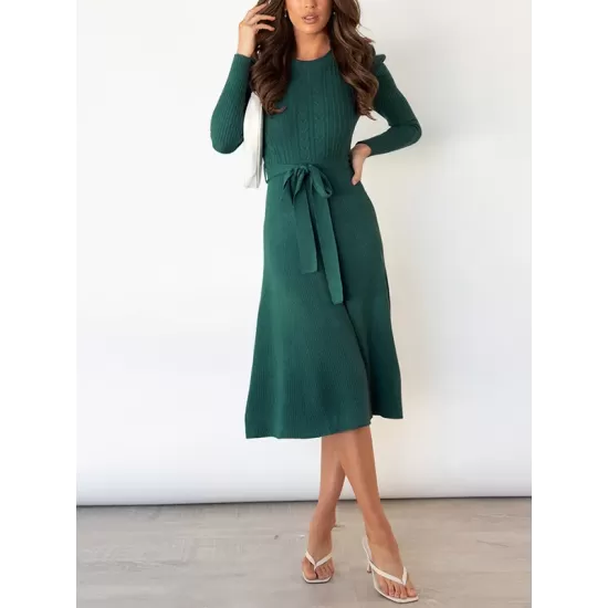 Solid Color Tied Waist High Waisted Long Sleeves Round-Neck Sweater Dresses Midi Dresses