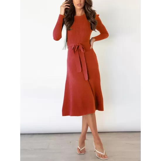 Solid Color Tied Waist High Waisted Long Sleeves Round-Neck Sweater Dresses Midi Dresses